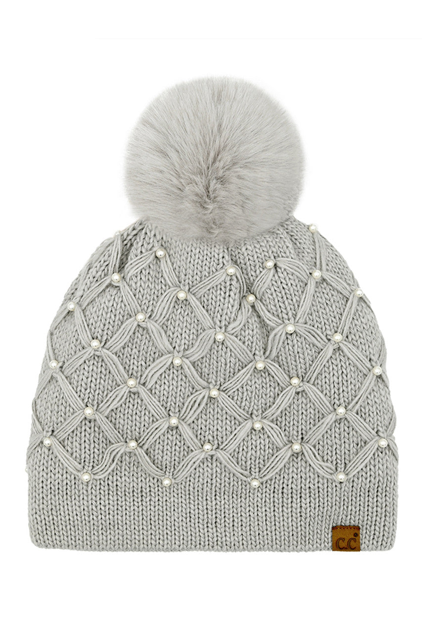 C.C Allover Pearl Crochet Pom Beanie