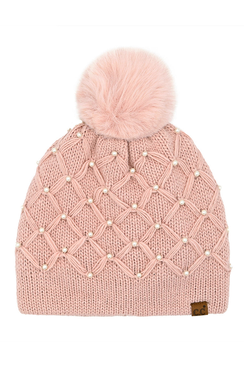 C.C Allover Pearl Crochet Pom Beanie