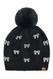C.C Allover Rhinestone Mini Bow Pom Beanie