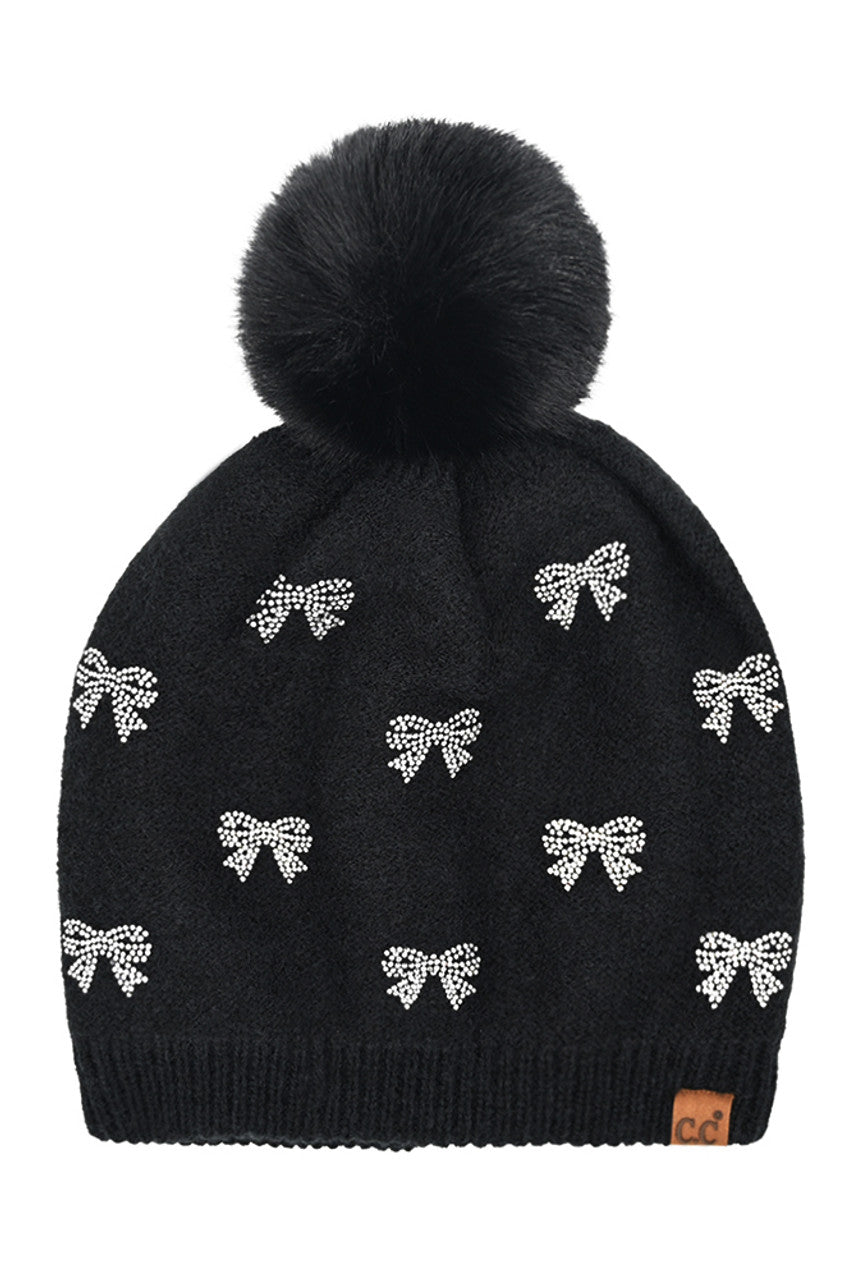 C.C Allover Rhinestone Mini Bow Pom Beanie