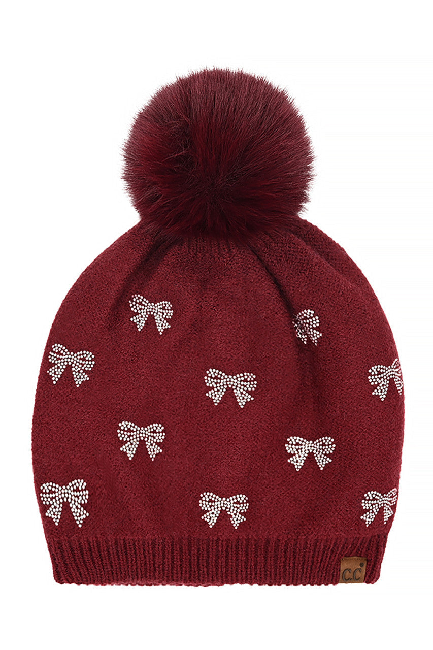 C.C Allover Rhinestone Mini Bow Pom Beanie