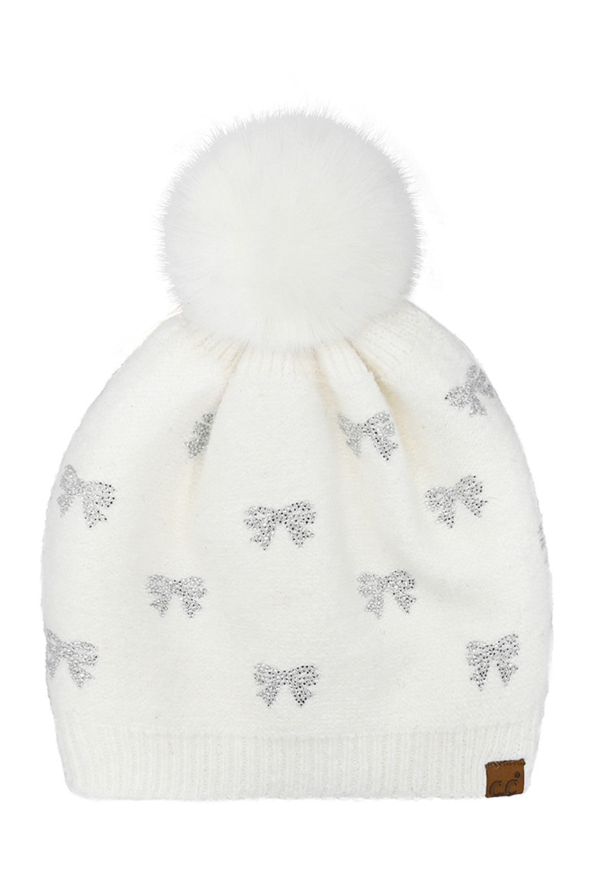 C.C Allover Rhinestone Mini Bow Pom Beanie