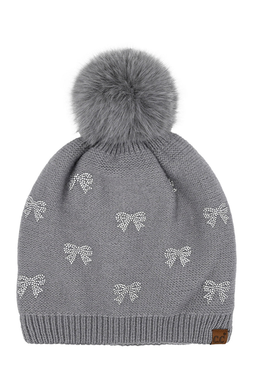 C.C Allover Rhinestone Mini Bow Pom Beanie