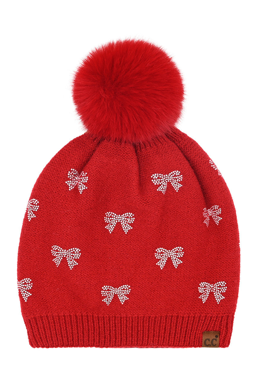C.C Allover Rhinestone Mini Bow Pom Beanie