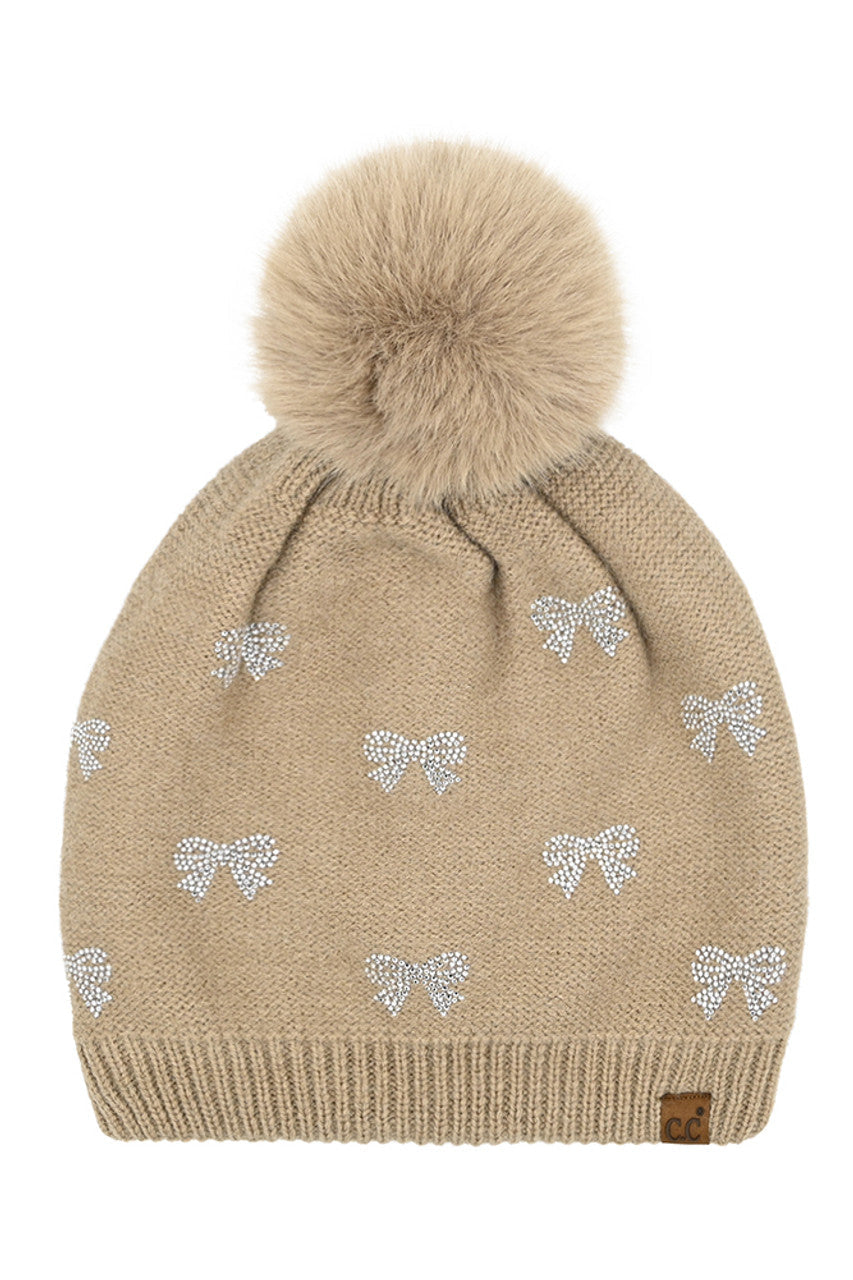 C.C Allover Rhinestone Mini Bow Pom Beanie