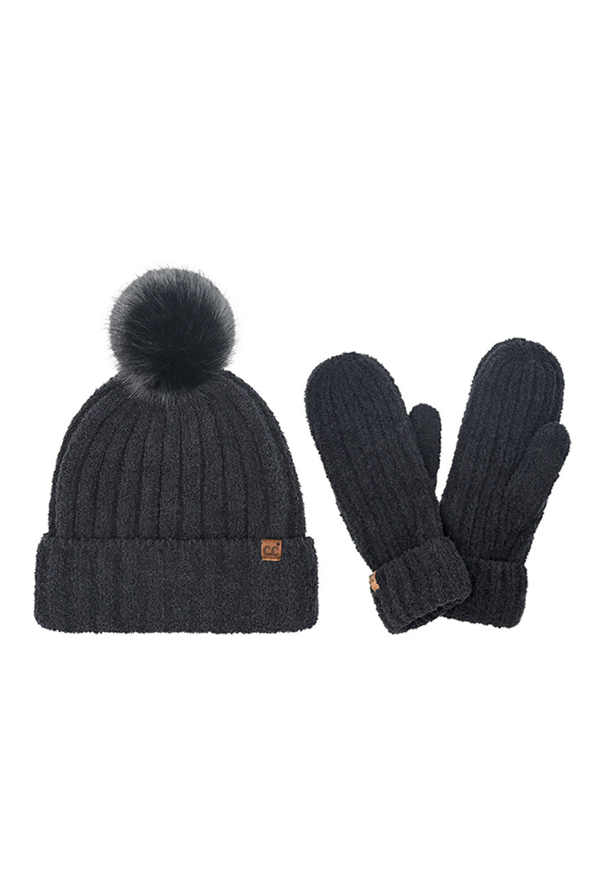 C.C Cozy Yarn Beanie Winter Hat & Mitten Set