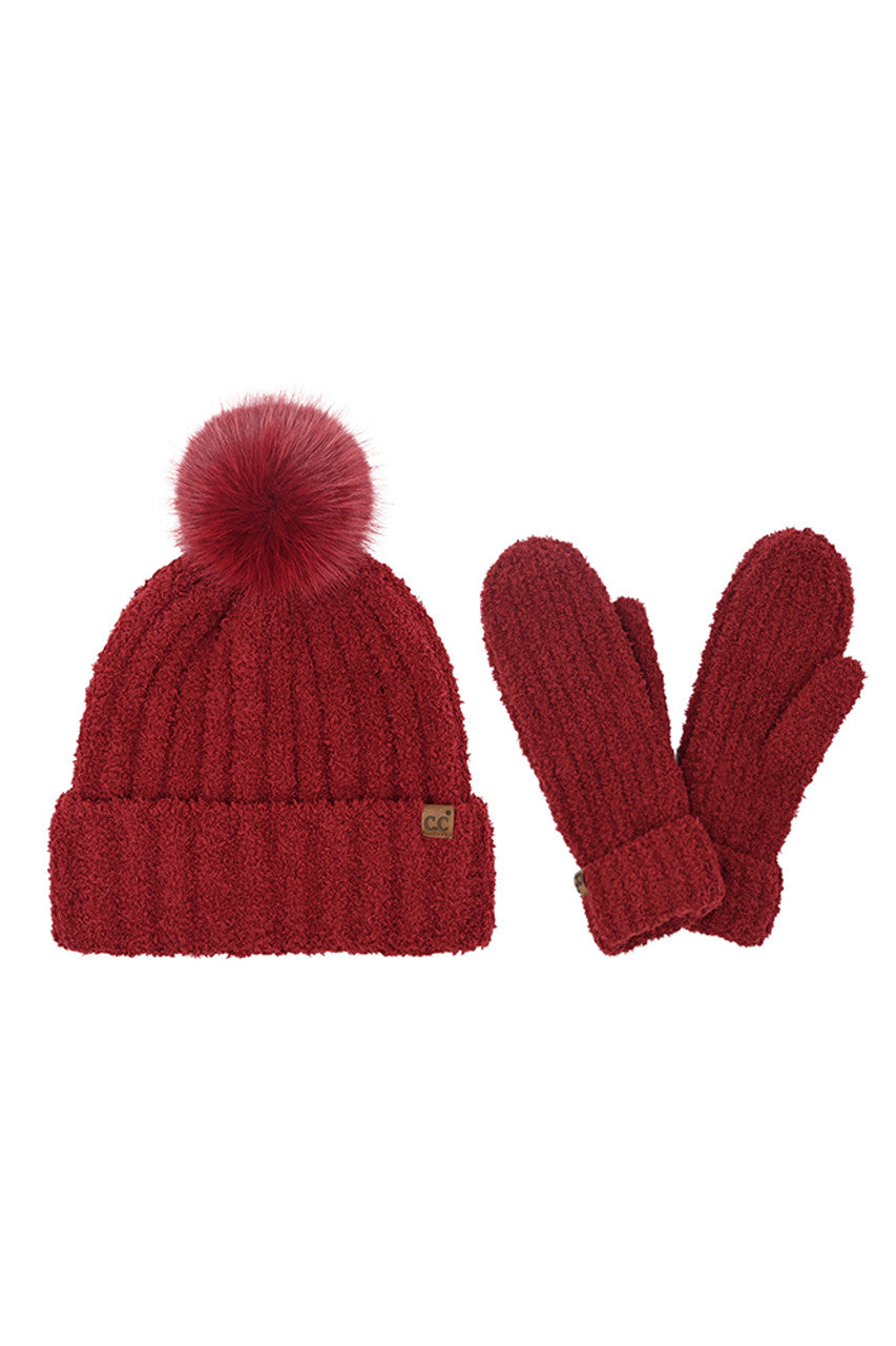 C.C Cozy Yarn Beanie Winter Hat & Mitten Set