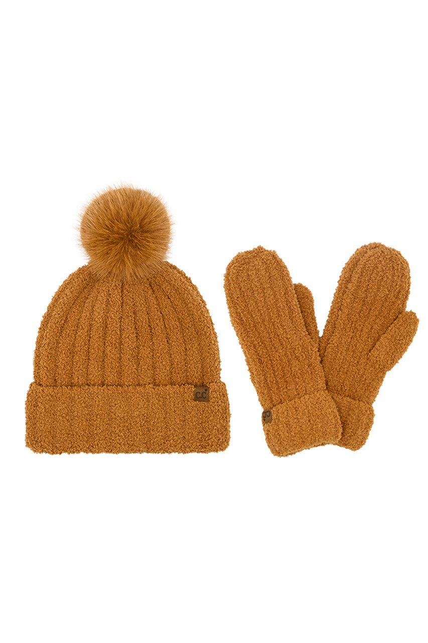 C.C Cozy Yarn Beanie Winter Hat & Mitten Set