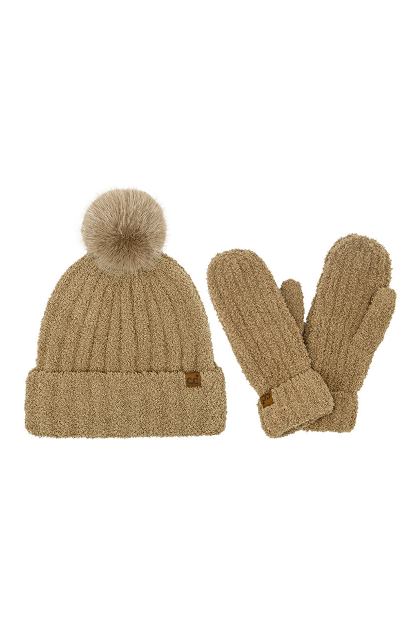 C.C Cozy Yarn Beanie Winter Hat & Mitten Set