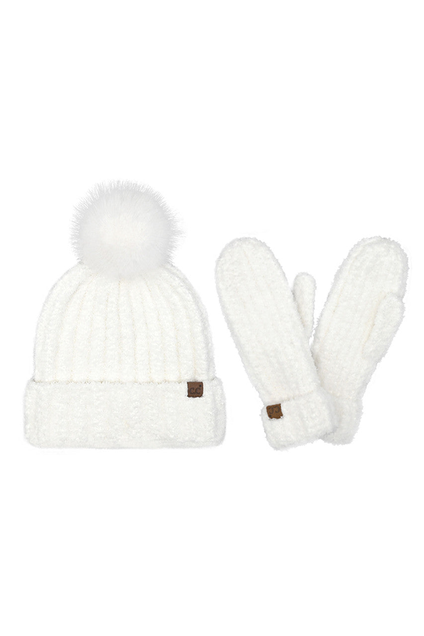 C.C Cozy Yarn Beanie Winter Hat & Mitten Set
