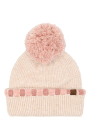 C.C Neutral Horizontal Stripe Cuffed Pom Beanie
