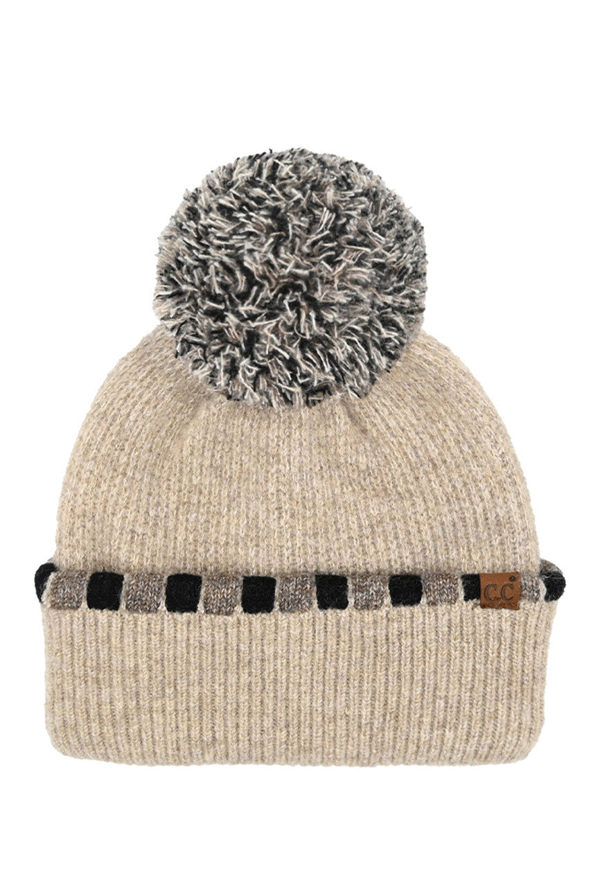 C.C Neutral Horizontal Stripe Cuffed Pom Beanie