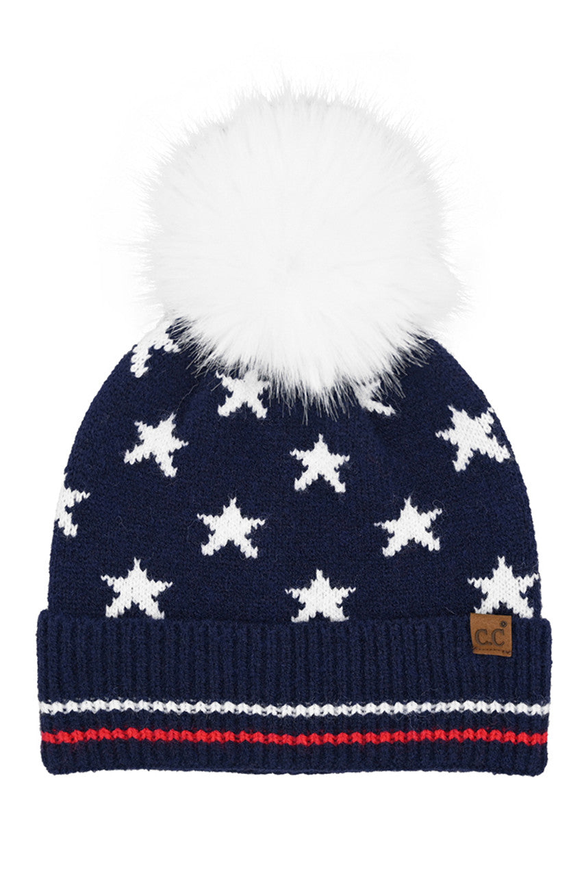 C.C Women's All Over Star and Stripe American Flag Pom Beanie 4th of July