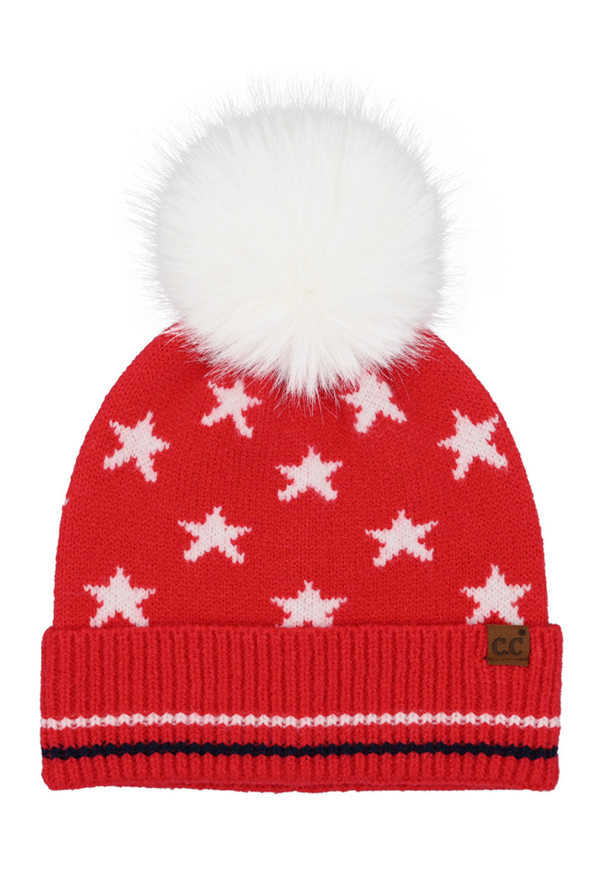 C.C Women's All Over Star and Stripe American Flag Pom Beanie 4th of July
