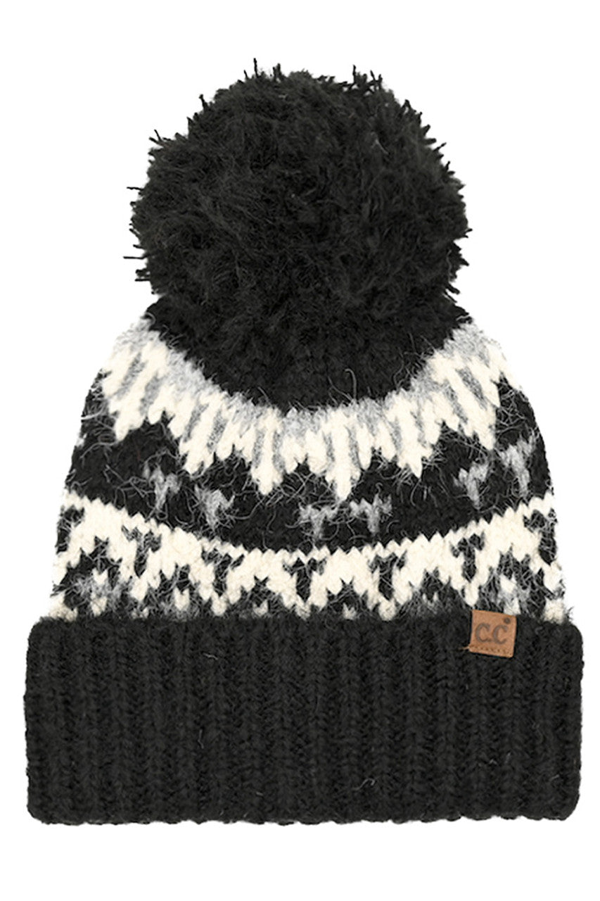 C.C Geometric Pattern Yarn Pom Beanie