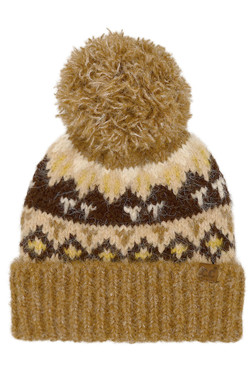 C.C Geometric Pattern Yarn Pom Beanie