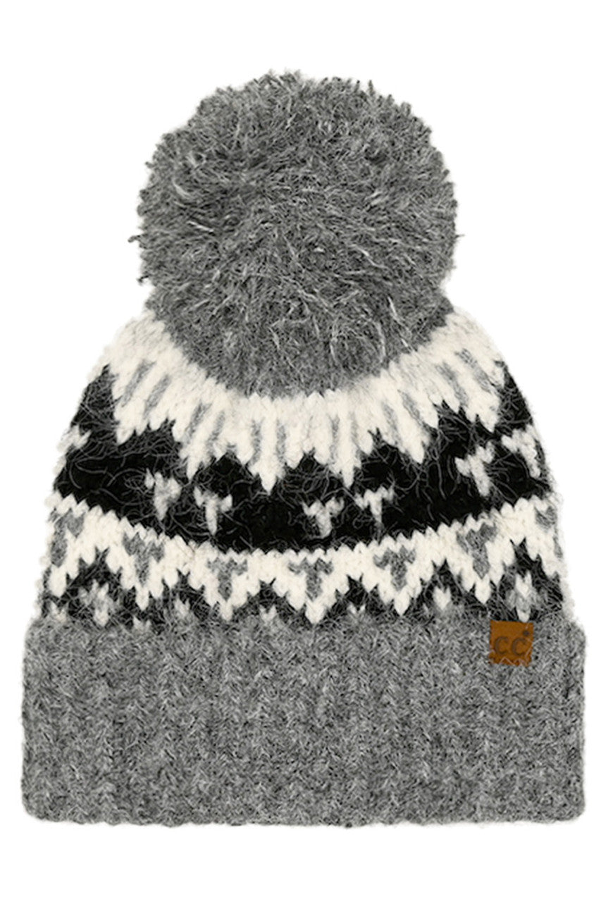 C.C Geometric Pattern Yarn Pom Beanie