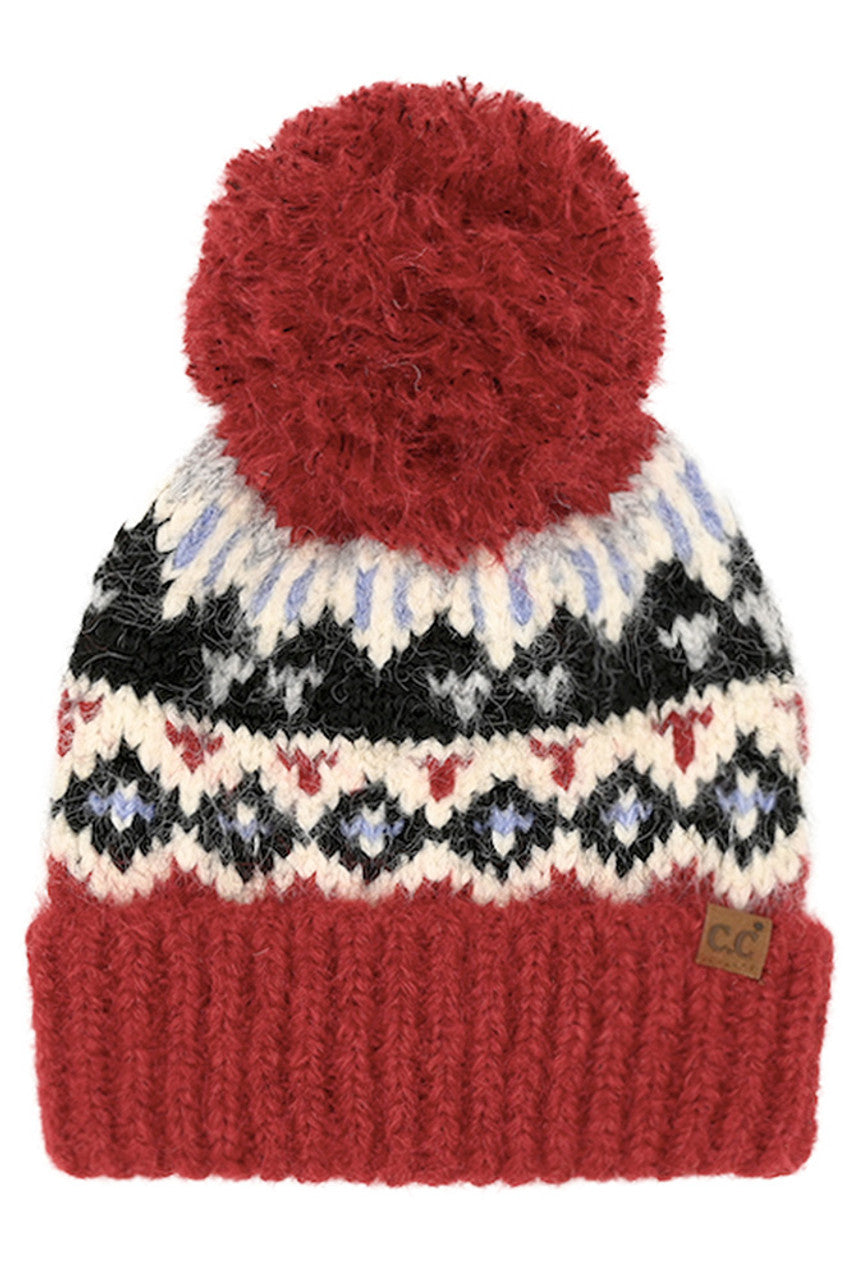 C.C Geometric Pattern Yarn Pom Beanie