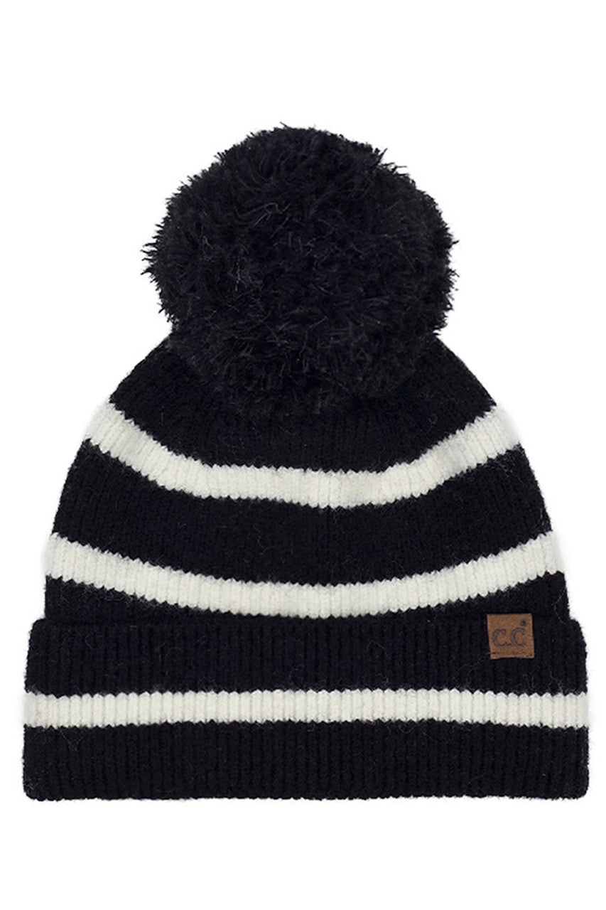 C.C Two Tone Stripe Yarn Pom Beanie