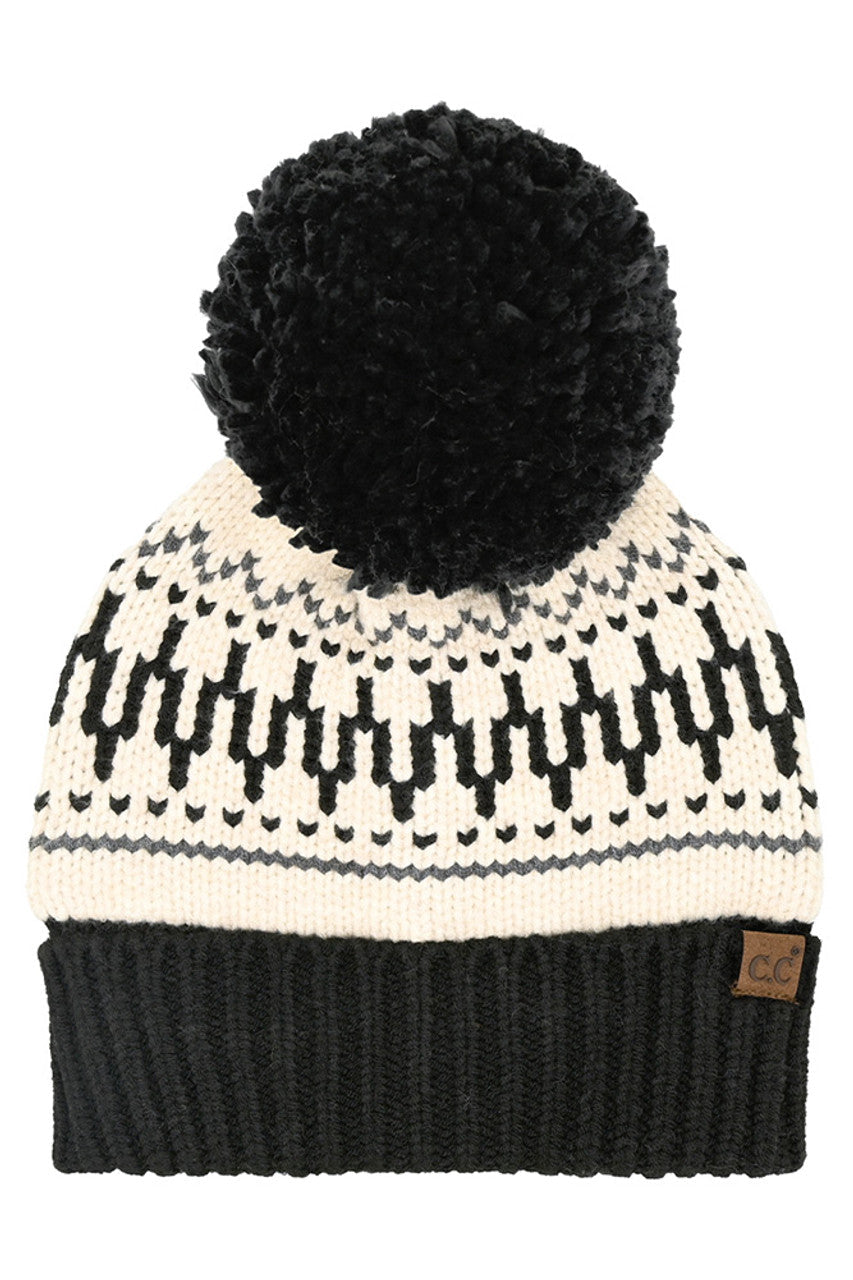 C.C Fair Isle Pattern Yarn Pom Beanie
