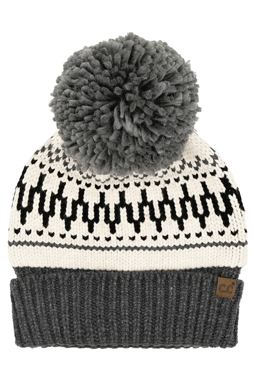 C.C Fair Isle Pattern Yarn Pom Beanie