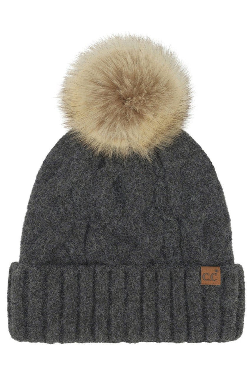 C.C Solid Big Cable Pattern Knit Cuff Pom Beanie