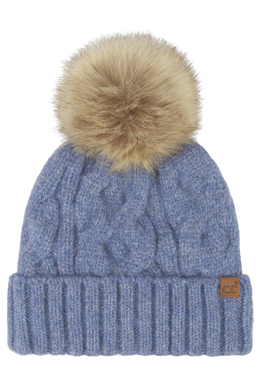 C.C Solid Big Cable Pattern Knit Cuff Pom Beanie
