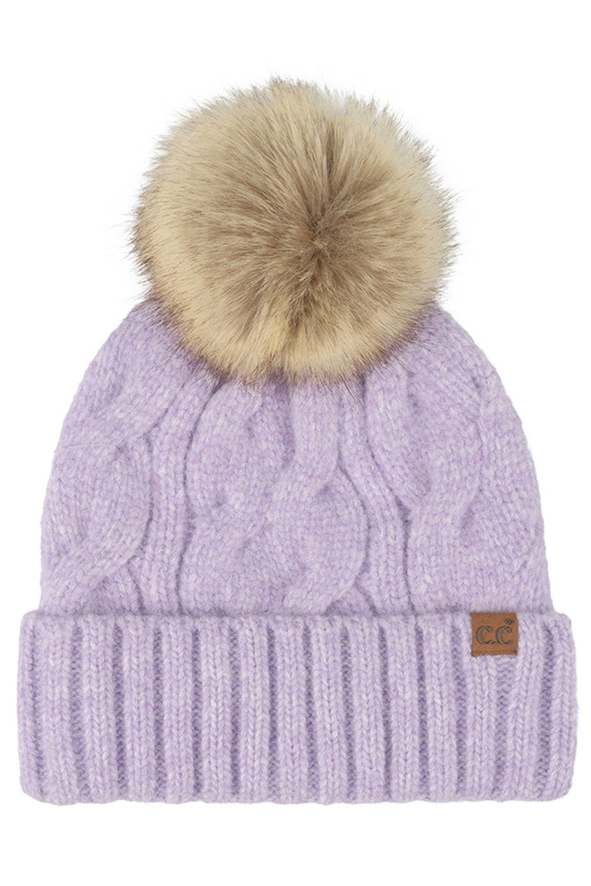 C.C Solid Big Cable Pattern Knit Cuff Pom Beanie