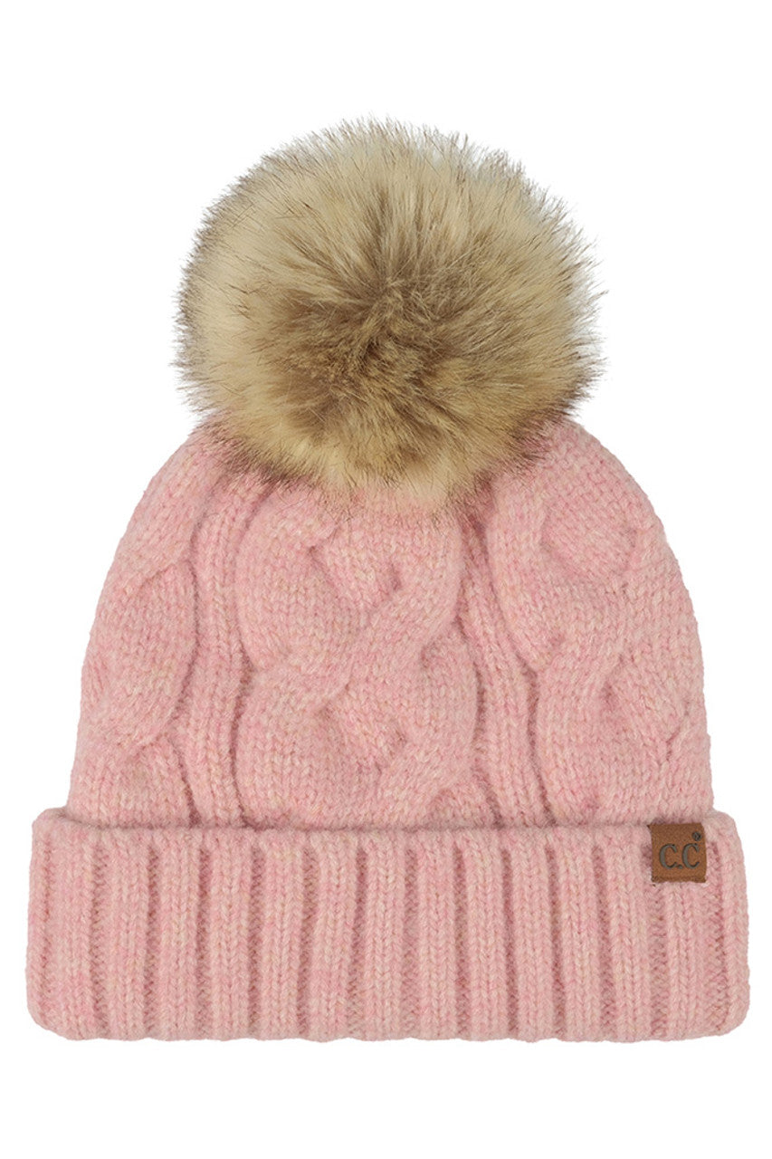 C.C Solid Big Cable Pattern Knit Cuff Pom Beanie