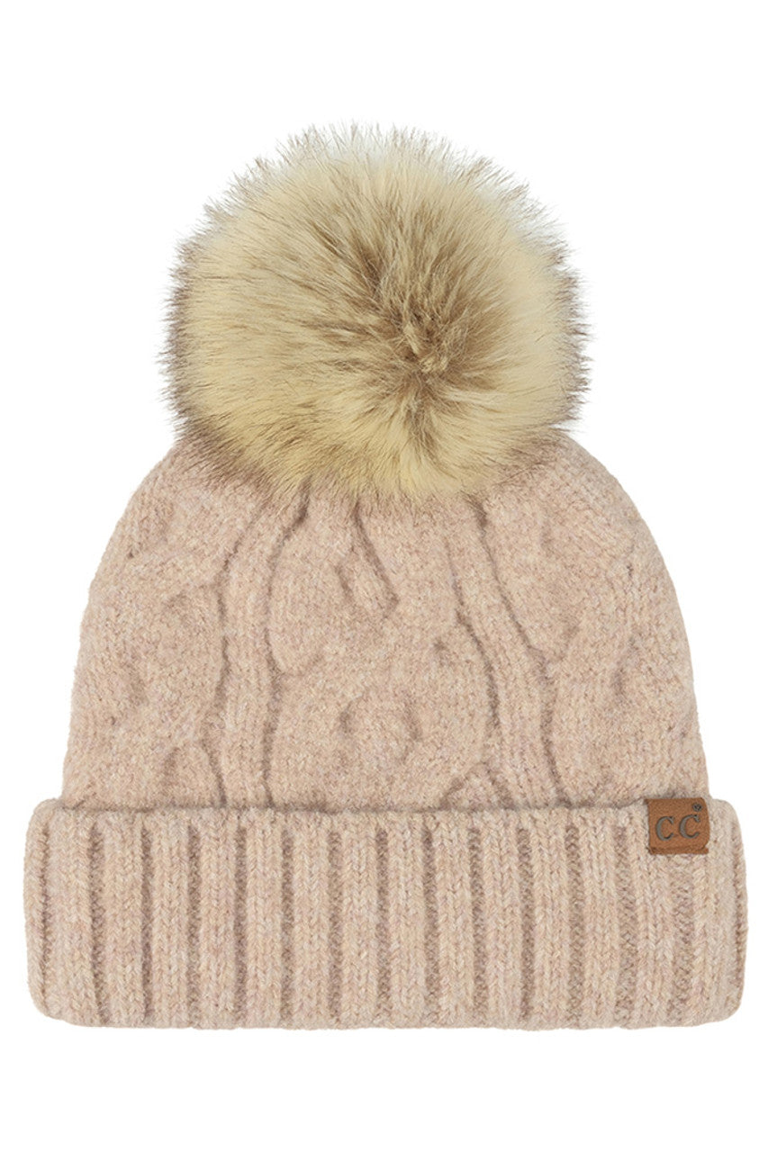 C.C Solid Big Cable Pattern Knit Cuff Pom Beanie