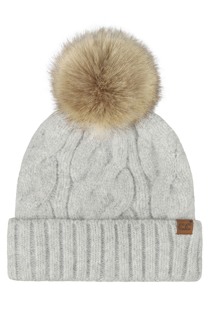 C.C Solid Big Cable Pattern Knit Cuff Pom Beanie