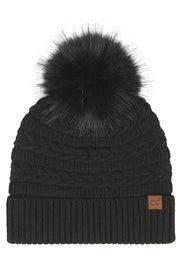 C.C Braided Pattern Faux Fur Pom Solid Beanie