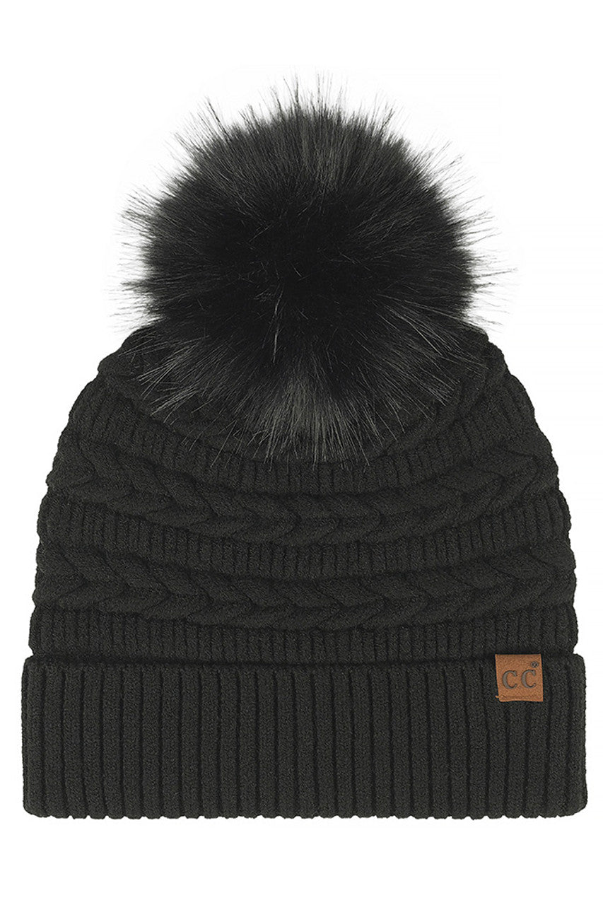 C.C Braided Pattern Faux Fur Pom Solid Beanie