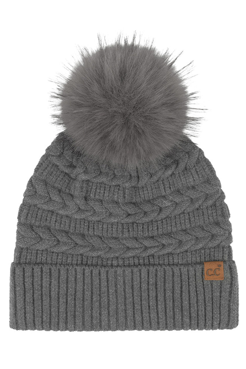 C.C Braided Pattern Faux Fur Pom Solid Beanie