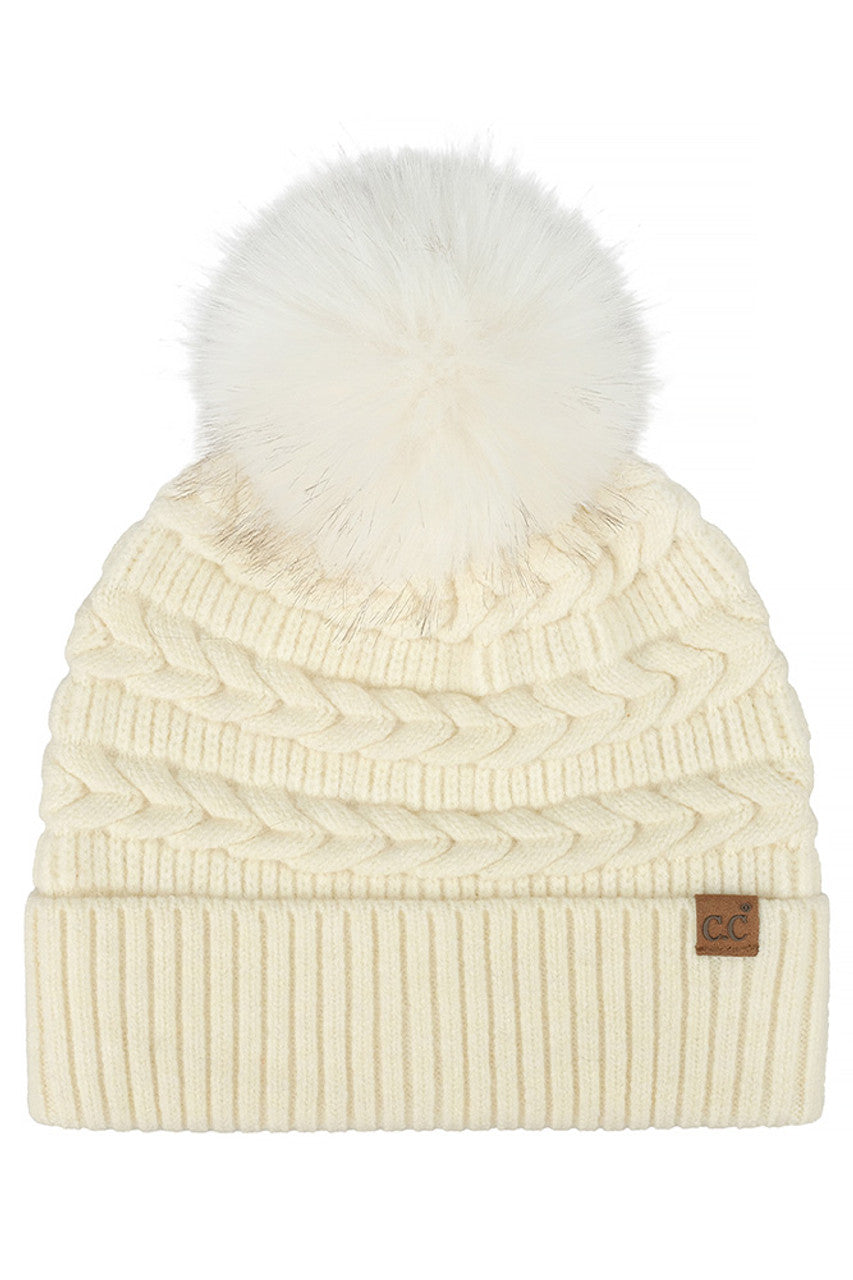 C.C Braided Pattern Faux Fur Pom Solid Beanie