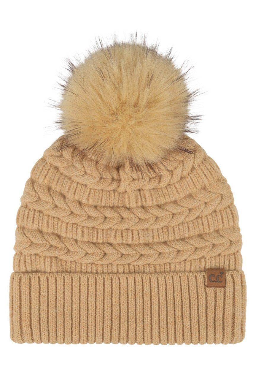 C.C Braided Pattern Faux Fur Pom Solid Beanie