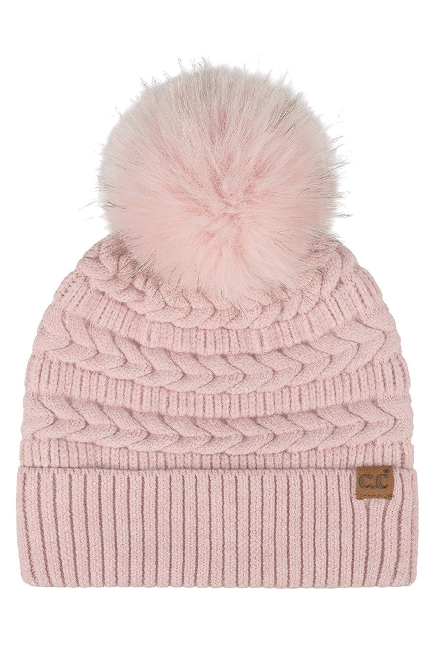 C.C Braided Pattern Faux Fur Pom Solid Beanie