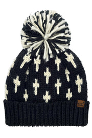 C.C Cross Pattern All Over Yarn Big Pom Beanie
