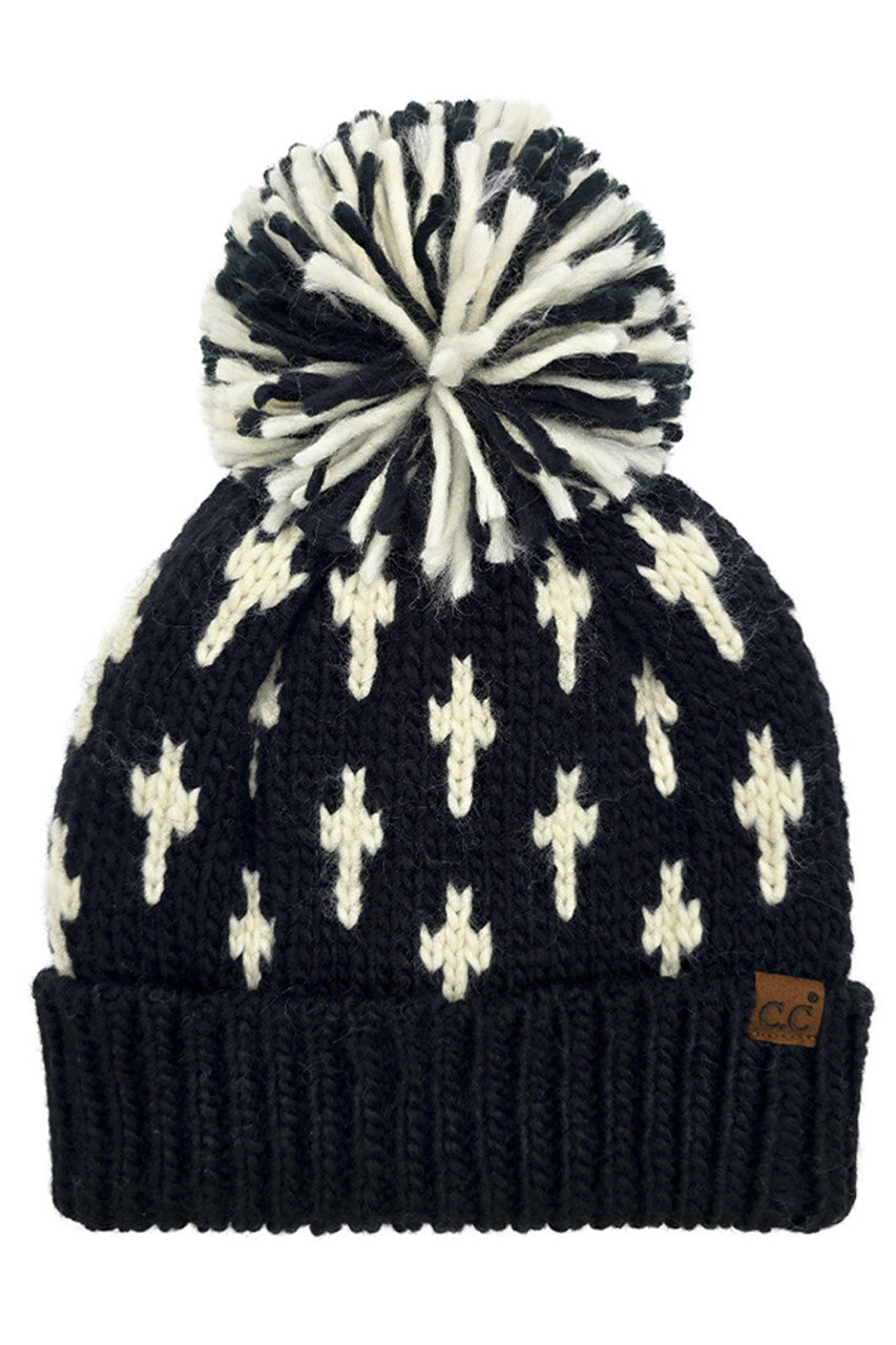 C.C Cross Pattern All Over Yarn Big Pom Beanie