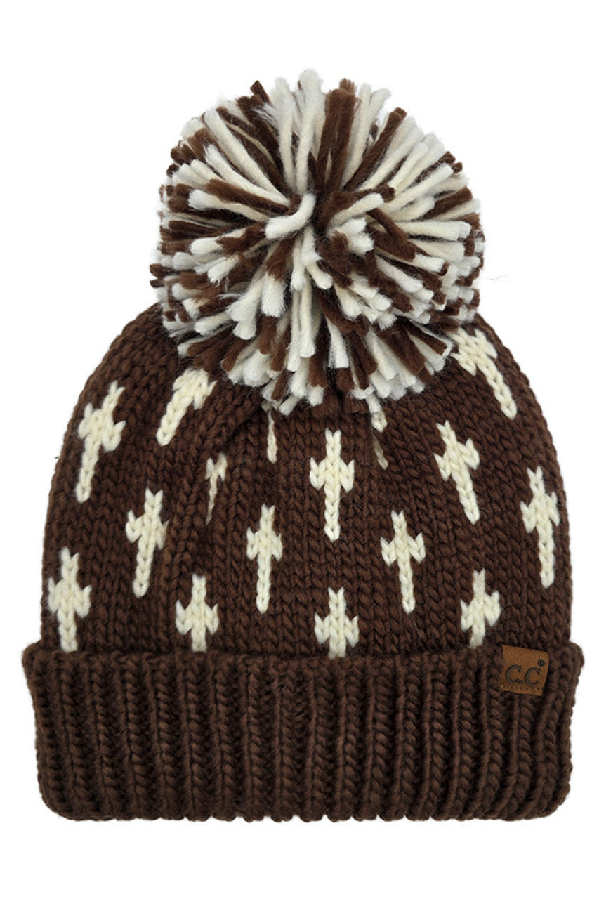 C.C Cross Pattern All Over Yarn Big Pom Beanie