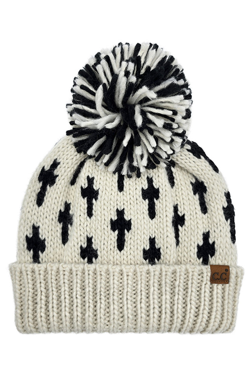 C.C Cross Pattern All Over Yarn Big Pom Beanie