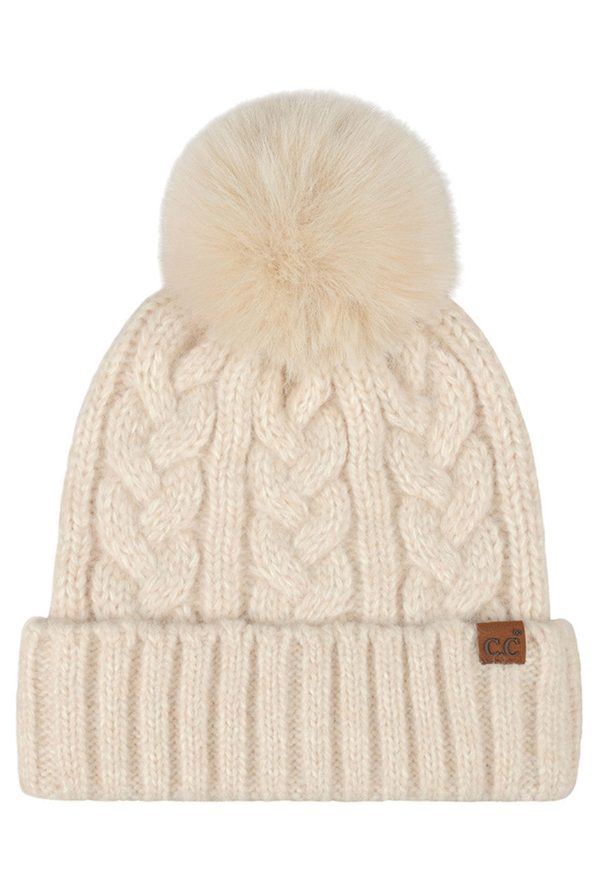 C.C Women's Heather Cable with Satin Lining Pom Beanie