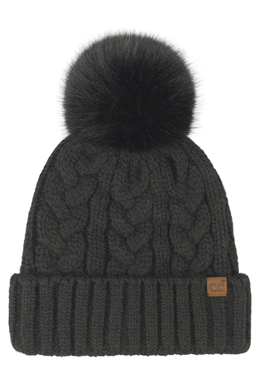 C.C Women's Heather Cable with Satin Lining Pom Beanie