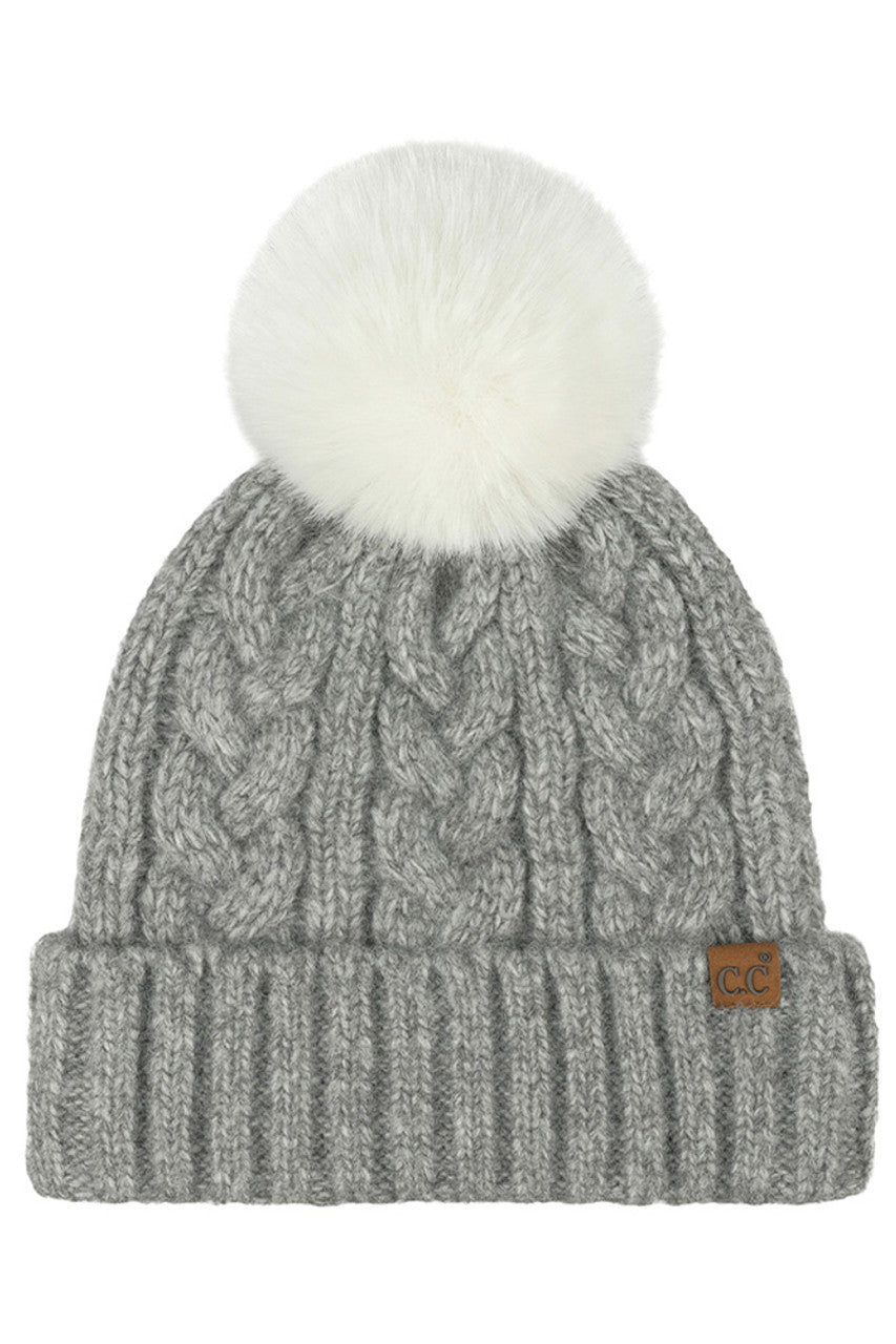 C.C Women's Heather Cable with Satin Lining Pom Beanie