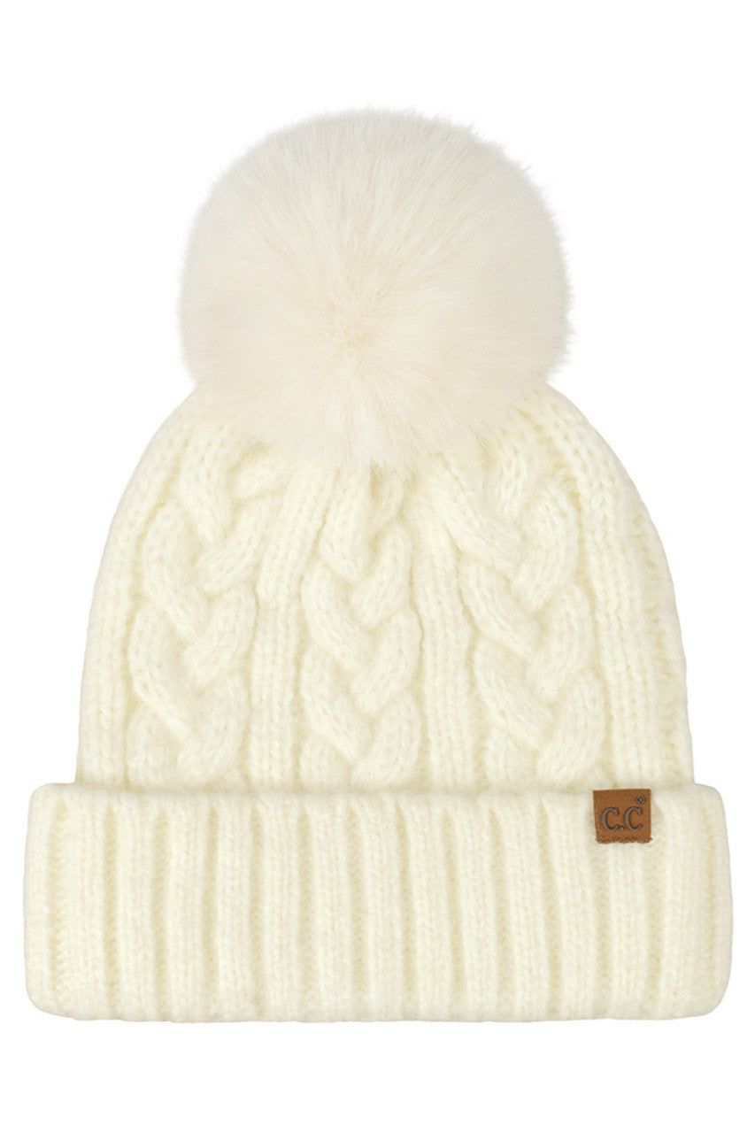 C.C Women's Heather Cable with Satin Lining Pom Beanie