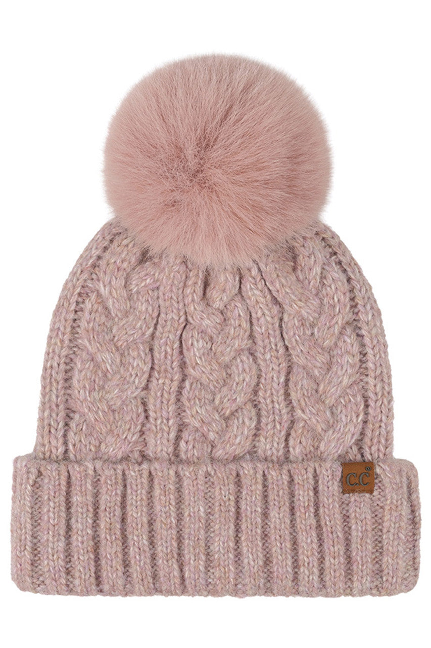 C.C Women's Heather Cable with Satin Lining Pom Beanie