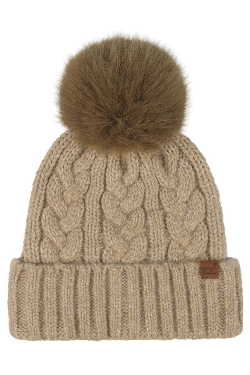 C.C Women's Heather Cable with Satin Lining Pom Beanie