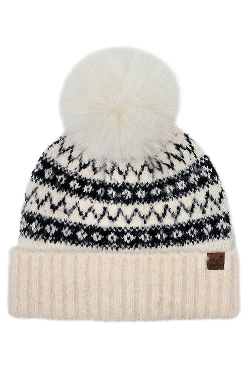 C.C Fair Isle with Solid Faux Fur Pom Beanie