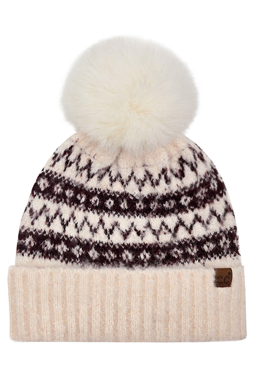 C.C Fair Isle with Solid Faux Fur Pom Beanie