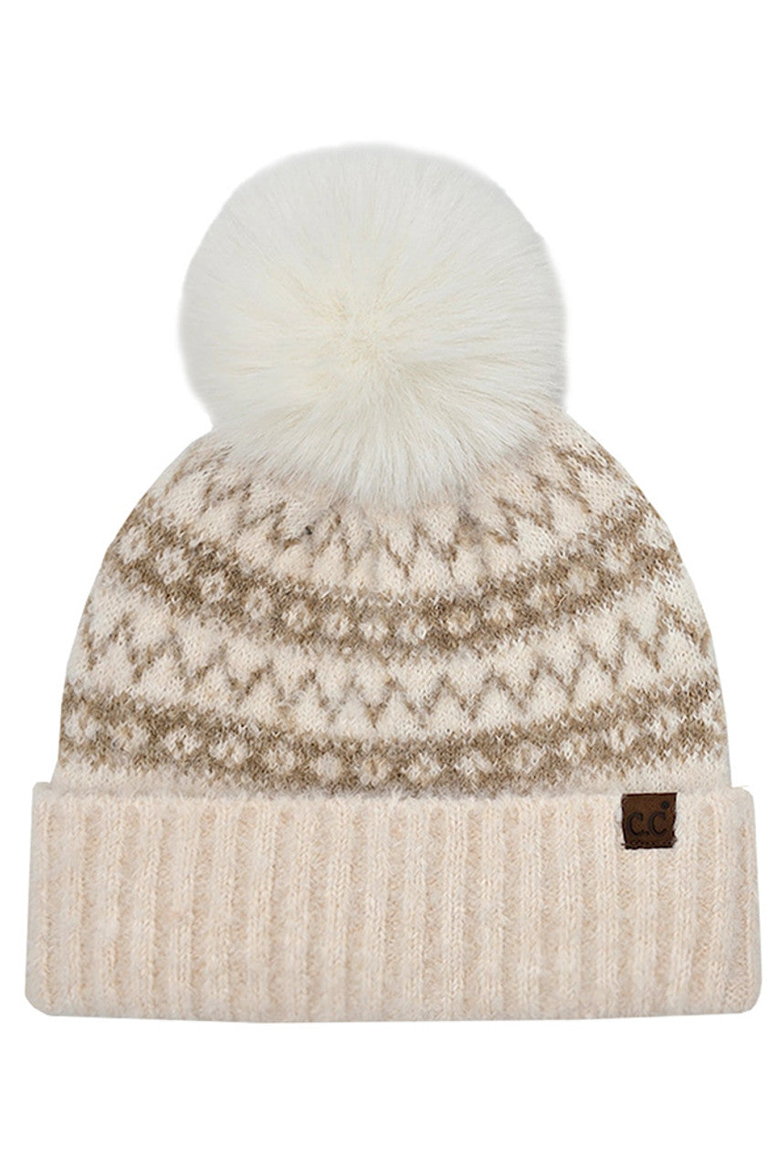 C.C Fair Isle with Solid Faux Fur Pom Beanie